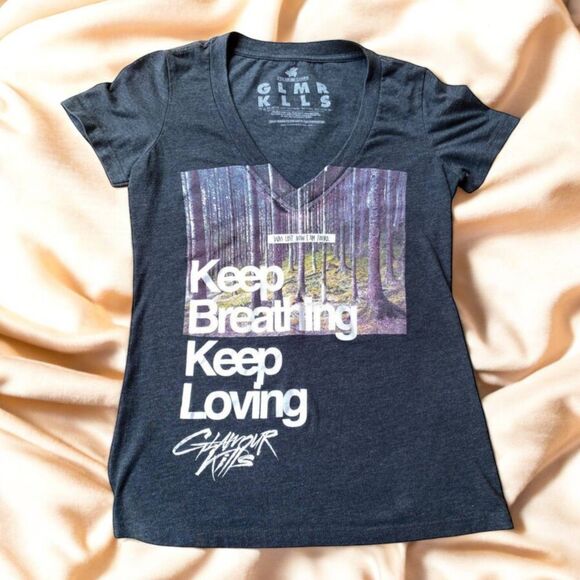 Glamour Kills size Small S Tee Keep Breathing Keep Loving deep v-neck y2k emo - Picture 1 of 6